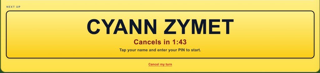 NEXT UP yellow banner with Cancels in countdown